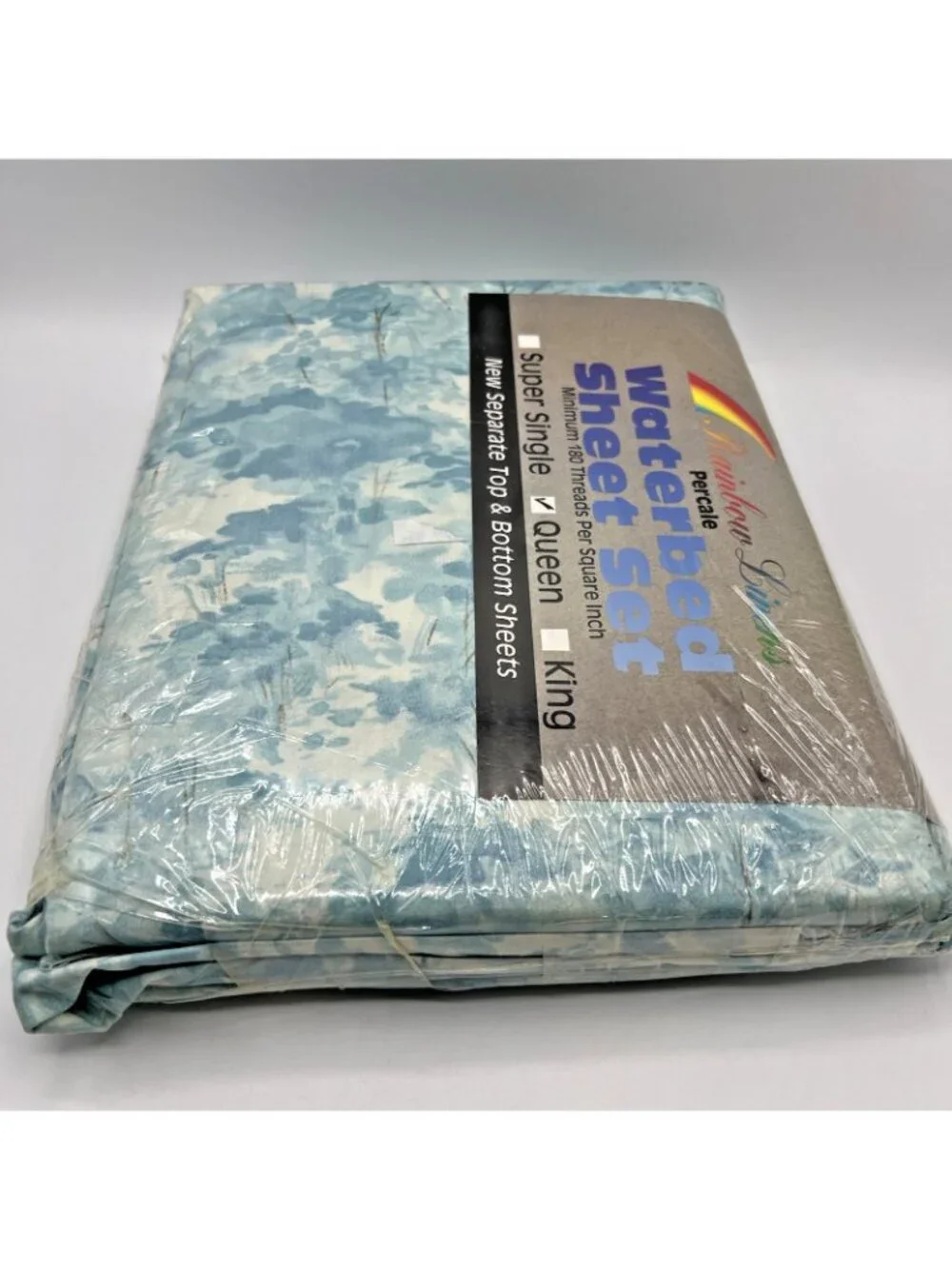 Rainbow Linens Waterbed Sheet Set 4pc Queen Blue Trees Cotton Polyester Vintage